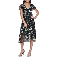 DKNY Women's Short Sleeve Asymmetrical Hem Faux Wrap Dress, Blue Speckled, 8