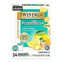 Twinings Probiotics+ Lemon & Ginger Herbal Tea, Supports Digestive Health, K-Cup Pods for Keurig, Naturally Caffeine Free, 24 Count (Pack of 1), Enjoy Hot or Iced