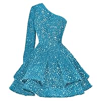Sparkly One Shoulder Sequin Homecoming Dresses Layered 2024 Glitter Sparkly Long Sleeve Cocktail Gowns HO006