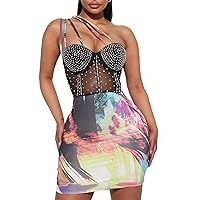 Womens Sexy Sleeveless Spaghetti Strap Printed Rhinestones Mesh Bodycon Party Clubwear Dress