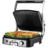 OVENTE Electric Panini Press Sandwich Maker, 1500W Indoor Grill with Non-Stick Coated Plates, Temperature Control & Removable Drip Tray, Opens 180 Degrees to Fit Any Type/Size of Food, Silver GP1861BR
