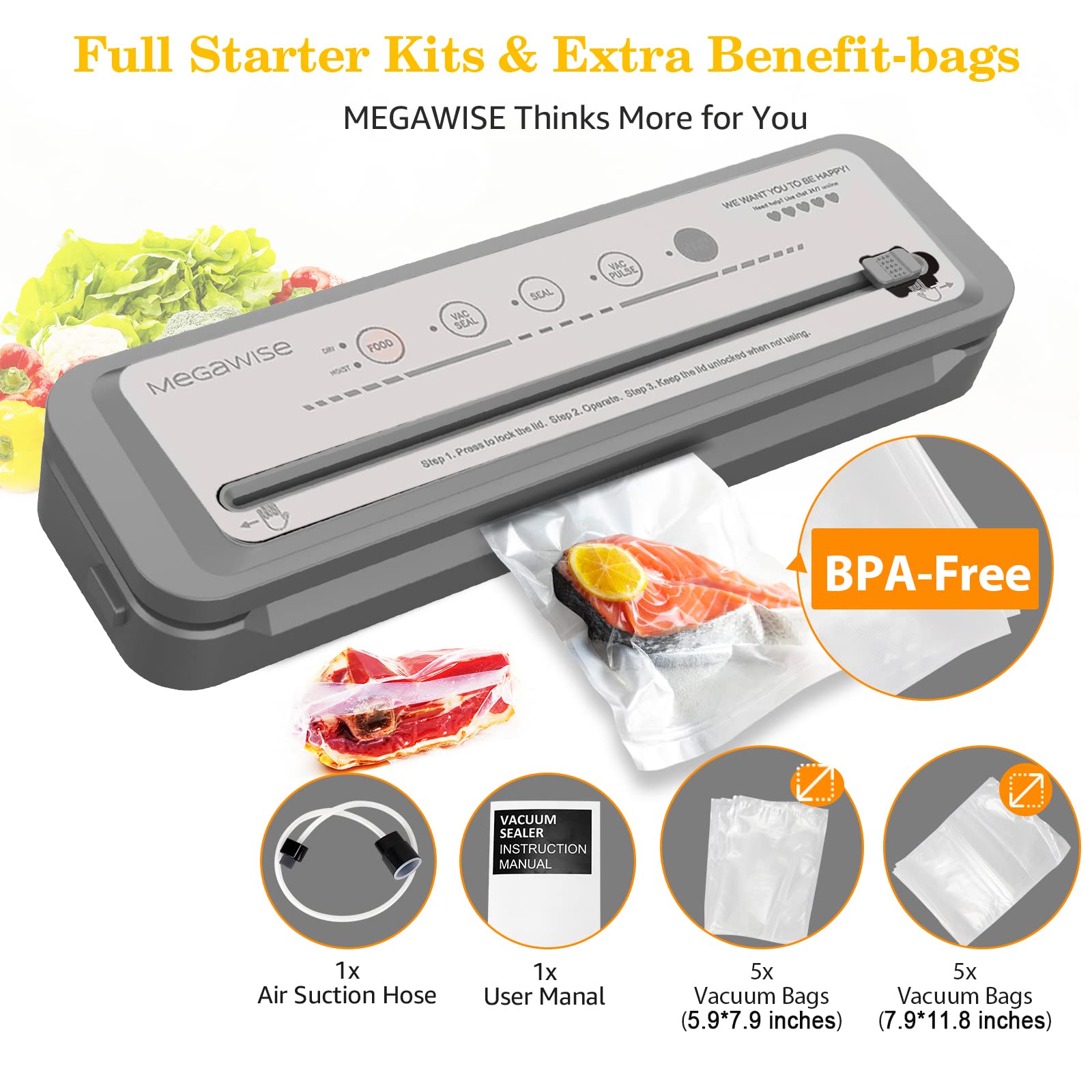 Vacuum Sealer Machine, MEGAWISE Food Sealer w/ Starter Kit, Dry & Moist Food Modes, Compact Design with 10 Vacuum Bags & Bulit-in Cutter(Grey)