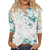 Elbow Sleeve Tops Women 3/4 Length Sleeve Womens Tops 2024 Casual Trendy Print Loose Fit with Henry Collar Oversized Tunic Shirts Green 3X-Large