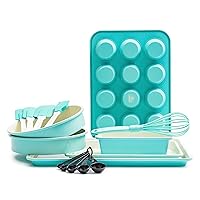 GreenLife Bakeware Healthy Ceramic Nonstick, 12 Piece Baking Set with Cookie Sheets Muffin Cake and Loaf Pans including utensils, PFAS-Free, Turquoise
