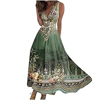 Dresses for Women 2024 Sundress Summer Vacation Long Maxi Summer Sleeveless V Neck Boho Waist Flower Printed Dress