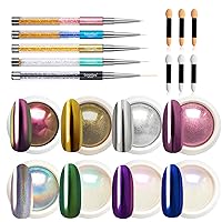 Beetles Chrome Nail Powder with 5pcs Nail Art Liner Brushes, Mirror Effect Holographic Aurora Iridescent Pearlescent Manicure Art Decoration Glitter, 8 Colors 1g or 0.5g/Jar