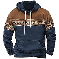 Men's Western Ethnic Print Hooded Sweatshirts Drawstring Long Casual Hoodies with Pocket Fall Winter Fashion Tops