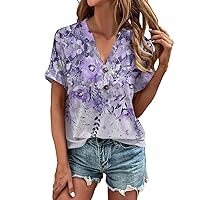 Short Sleeve Autumn Tunic Tunics Women Lounge Club Softest Button-Down T Shirts Printing V Neck Polyester Purple S