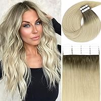 Lacerhair Remy Tape in Human Hair Extension Dip Dyed #8G/60A Light Ash Brown to Light Platinum Blond Seamless Natural Hair Skin Weft 100% Real Remy Human Hair Invisible Double Side Tape 50g 20pcs 14”