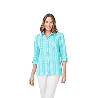 Foxcroft Women's Cole Long Sleeve with Roll Tab Beach Plaid Shirt