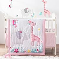 4 Piece Crib Bedding Set for Boys Girls, Nursery Bedding Standard Size Soft Baby Bedding Crib Set Including Cartoon Quilt, Crib Skirt, Fitted Crib Sheet and Plush Toy (Pink Giraffe)