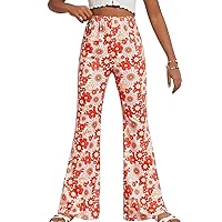 OYOANGLE Girl's Boho Floral Print Elastic Waist Flared Leg Pants Casual Bell Bottom Trousers