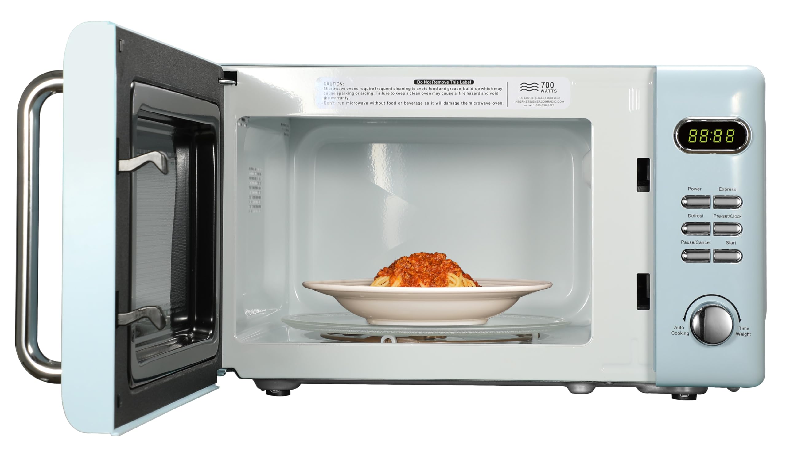 Emerson MWR7020BL-N Retro Digital Microwave Oven with Timer & LED Display 700W, 5 Micro Power Levels, 8 Pre-Programmed Settings, Time & Weight Defrost with Child Safe Lock, 0.7 Cu. Ft, Blue