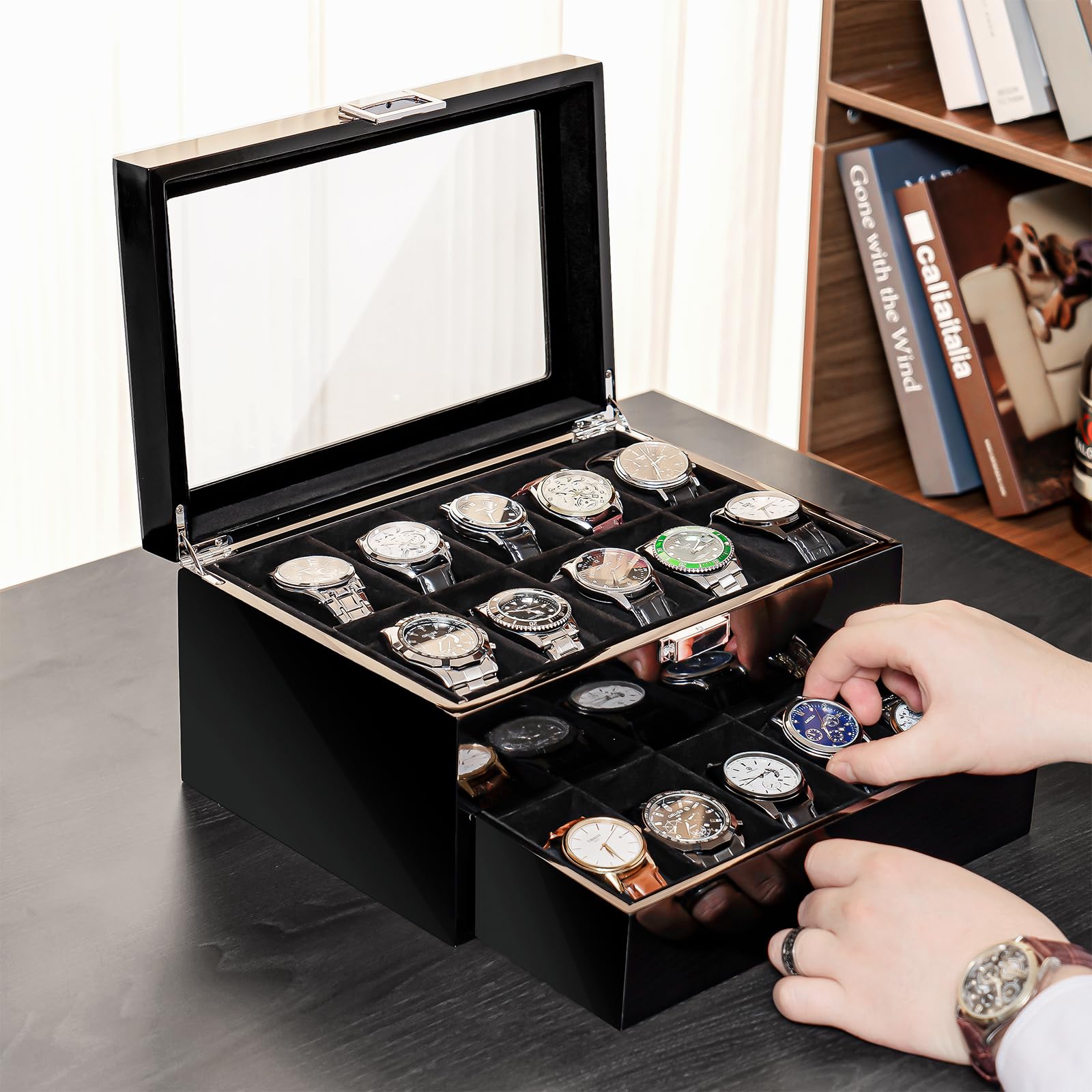 ProCase 2-Tier Watch Box Bundle with 20 Slots Lacquered Finish Watch Box