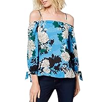 INC Womens Off-The-Shoulder Floral Casual Top Blue S