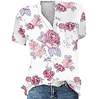 Womens Tops Dressy Casual Summer Cute Floral Print Shirt Loose Button Down V Neck Going Out Short Sleeve Shirts