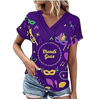Women's Mardi Gras Costumes Button V-Neck Short Sleeve Stretch Mask Graphic Blouses for Women Fashion 2024