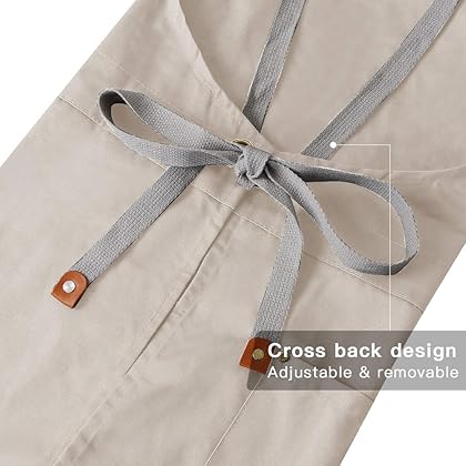 Mignongirl Crossback Apron with Pockets x2,Split Apron with Adjustable Straps,M-XXL (Beige)