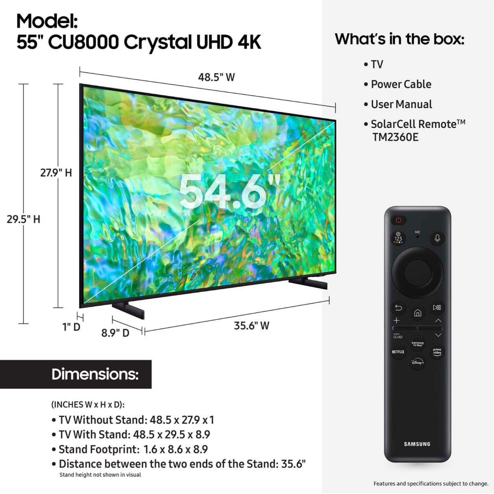 SAMSUNG 55-Inch Class Crystal UHD 4K CU8000 Series PurColor, Object Tracking Sound Lite, Q-Symphony, Motion Xcelerator, Ultra Slim, Solar Remote, Smart TV with Alexa Built-in (UN55CU8000, 2023 Model)