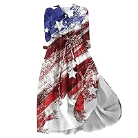 Women's 4th of July American Flag Dress Summer Lace-Up 3/4 Sleeve A-Line Dress Lapel Button V Neck Beach Dresses