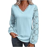 Women Casual Lace Top Long Sleeve V Neck Stretch Slim T Shirt Crochet Lace Casual Dressy Blouse Loose Tunic Tops