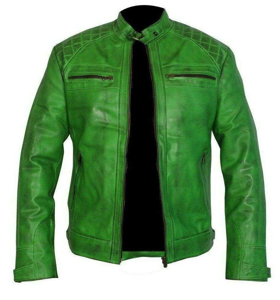 UGFashions Men's Vintage Retro Style Motorcycle Quilted Biker Green Genuine Leather Jacket