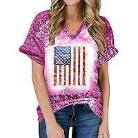 Women Tie Dye American Flag Casual T-Shirts Summer July 4th Short Sleeve V Neck Trendy Patriotic Tops for Going Out