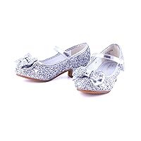 Girls Dress Shoes Mary Jane Flower Bow Princess Shoes Glitter 1.5in Low Heel Wedding Bridesmaids Party Shoes(Toddler/Little/Big Kids)