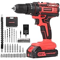 COMOWARE 20V Cordless Drill, Electric Power Drill Set with 1 Battery & Charger, 3/8” Keyless Chuck, 2 Variable Speed, 266 In-lb Torque, 25+1 Position and 34pcs Drill/Driver Bits, Red