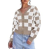 MEROKEETY Women's Cropped Cardigan Sweater Plaid Long Sleeve Button V Neck Open Front Knit Outerwear