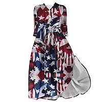 Women Bohemian USA Flag Dress 3/4 Sleeve Henley Shirt Dress 4th of July Patriotic Stars Stripes Lace-Up A-Line Dress