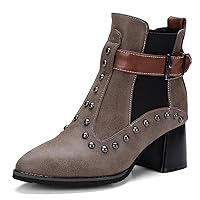 Womens Closed Pointy Toe Chelsea Booties with Studded Block Mid heels Ankle High Elastic Boots Pull on