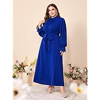 Plus Women's Dress Plus Mock Neck Flounce Sleeve Belted Dress (Color : Blue, Size : X-Large)