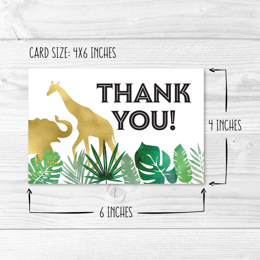 24 Safari Thank You Cards With Envelopes, Kids or Baby Shower Thank You Note, Jungle Greenery Gold 4x6 Varied Zoo Animal Giraffe Gratitude Card Pack For Party, Girl Boy Children Birthday Stationery