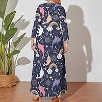 Narwhals and Rainbows Women Plus Size Maxi Dress Long Sleeve Casual Printed