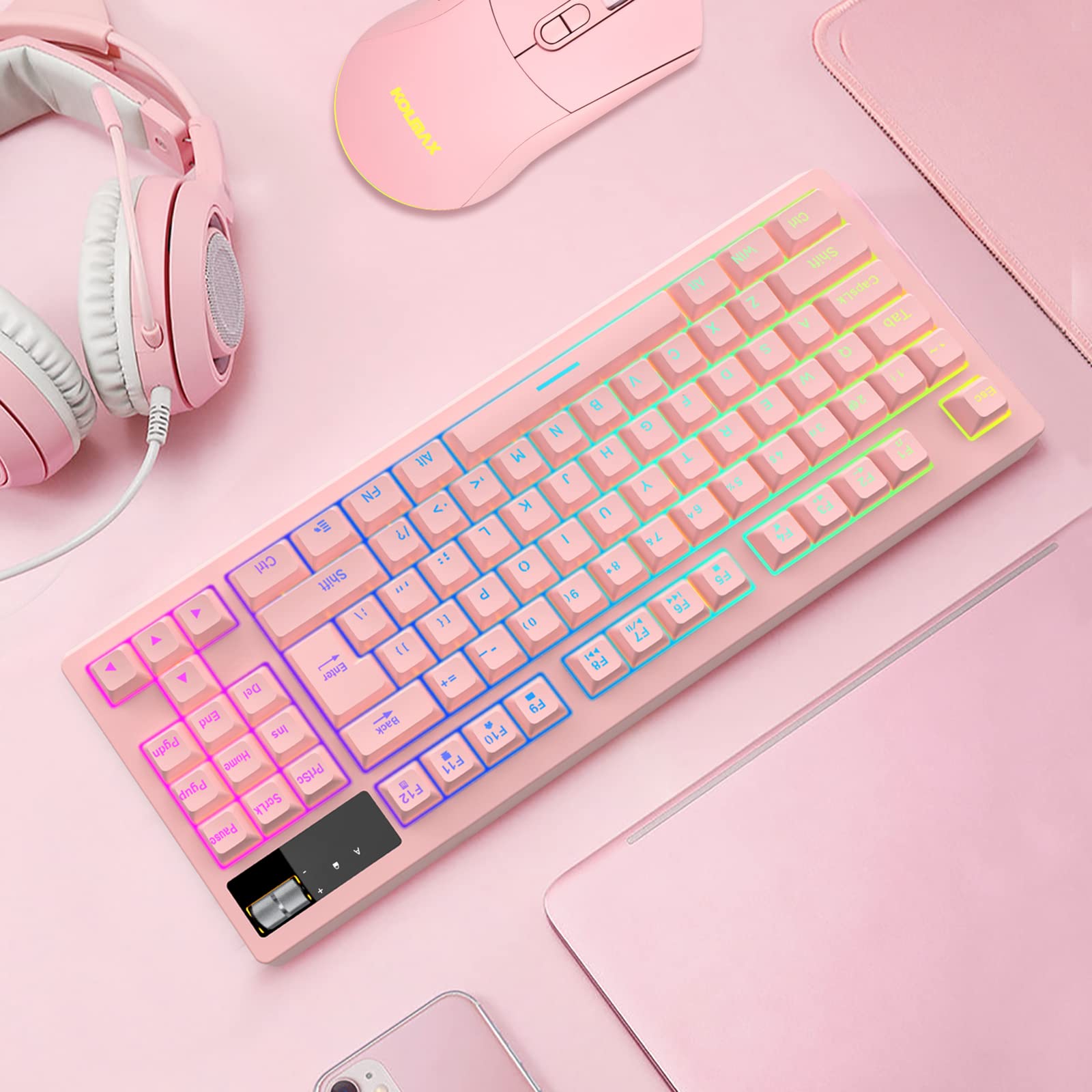 K04 Wireless Gaming Keyboard and Mouse Combo,2.4G Rechargeable Pink Gaming Keyboard RGB Backlit 87 Keys RGB Backlit Gaming Keyboard Mechanical Feeling with Pink Gaming Mouse Set for PC MAC Laptop