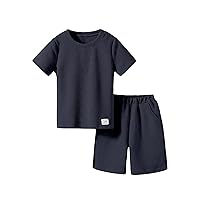 Verdusa Boy's 2 Piece Outfits Textured Crew Neck Short Sleeve Tee Top and Shorts Sets
