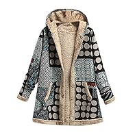 Womens Jacket Winter Hooded Long Striped Polka Dot Patchwork Floral Print Fleece Quilted Coat Loose Cardigan Plus Size