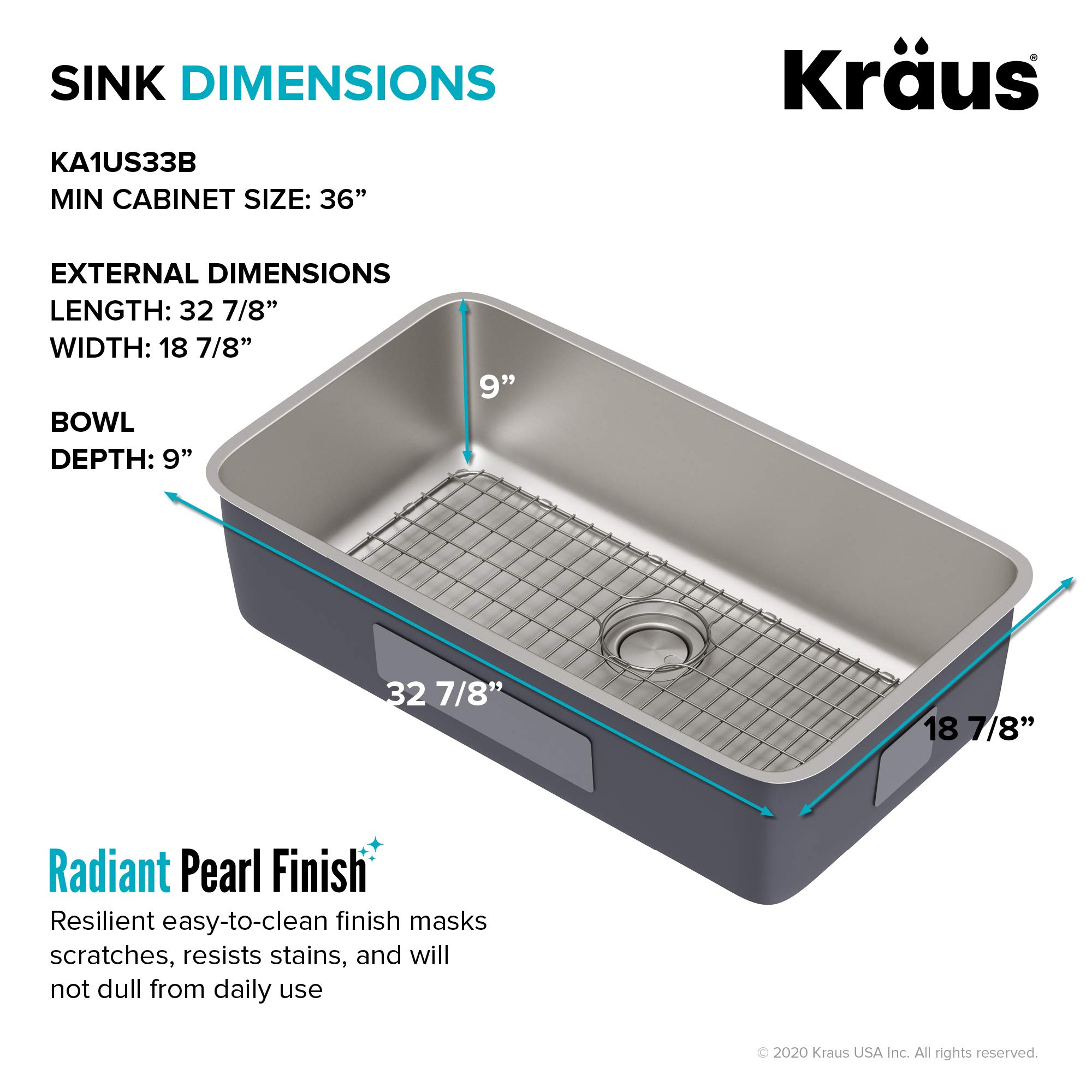 KRAUS Dex 33-inch Undermount 16 Gauge Stainless Steel Single Bowl Kitchen Sink, KA1US33B