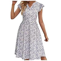 XJYIOEWT Floral Dress,Casual Dresses for Women 2024 Cute Summer Floral Fit and Flare Cap Sleeve A Line Knee Length Dres