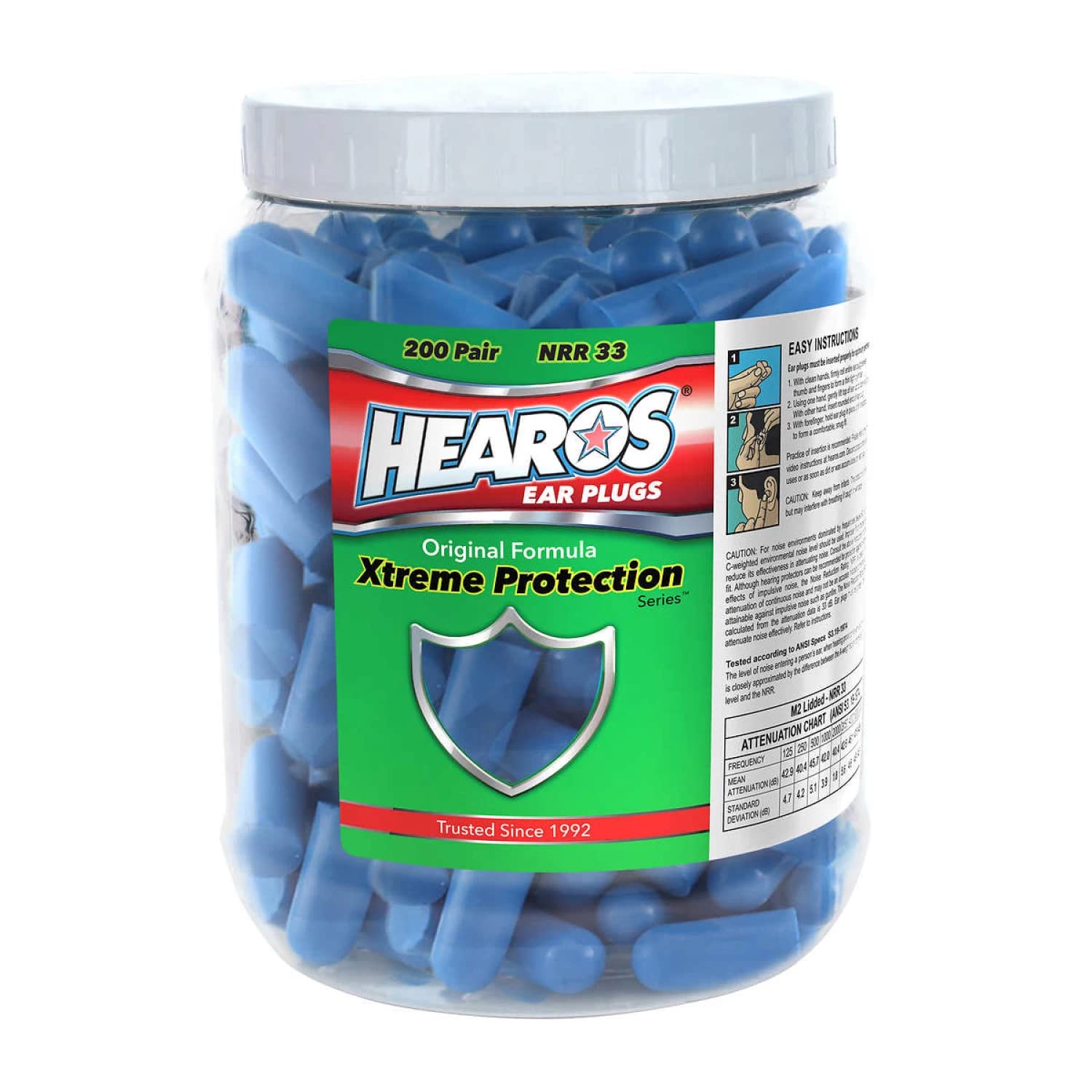 HEAROS Xtreme Protection Foam Ear Plugs, 33dB NRR 33, 200 Pairs (Blue)