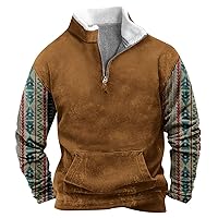 Men's Western Jacket Cowboy Bull Head Print Pullover 1/4 Zip Fleece Stand Collar Long Sleeve Country Sweatshirts
