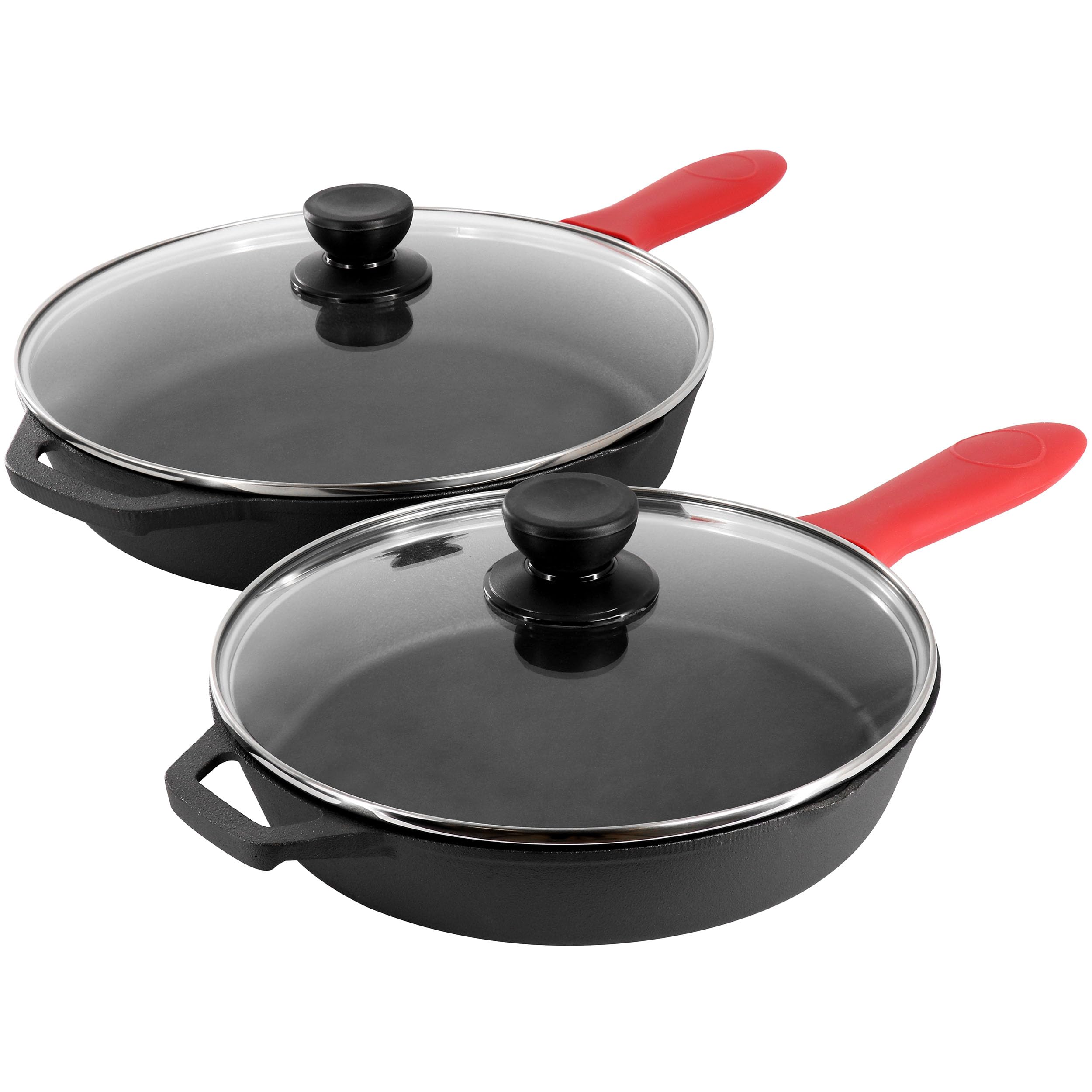 Megachef 13 Piece Pre-Seasoned Cast Iron Skillet Set with Temperd Glass Lids and Silicone Holders