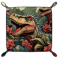 Microfiber Leather Dice Trays Holder for Dice Games Like RPG DND, Dinosaur Print Dice Holder Storage Box Portable Folding Rolling Dice Tray, 16x16cm