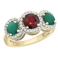 PIERA 14K Yellow Gold Enhanced Ruby & Emerald Sides Round 3-stone Ring Diamond Accents, sizes 5-10