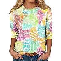 Easter Shirts for Women,3/4 Length Sleeve Womens Tops Bunny Eggs Print Graphic Crew Neck Shirt Spring Tops for Women 2024