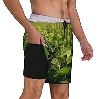 Men's Swim Trunks Soybean Field Beach Shorts Swimming Trunks 2 in 1 Quick Dry Bathing Suit with Pockets