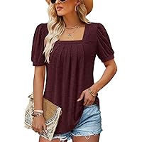 BETTE BOUTIK Womens Summer Tops Pleated Short Sleeve Square Neck Tunics Blouses Shirts