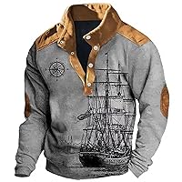 Men's Henley Pullover Sweatshirts,Long Sleeve Corduroy Shirt Lapel Collar Button Up Cargo Pullover Hoodies with Elbow