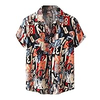 Mens Beach Shirts Summer Casual Loose Resort Geometric Print Short Sleeve Top Beach Lapel Shirt